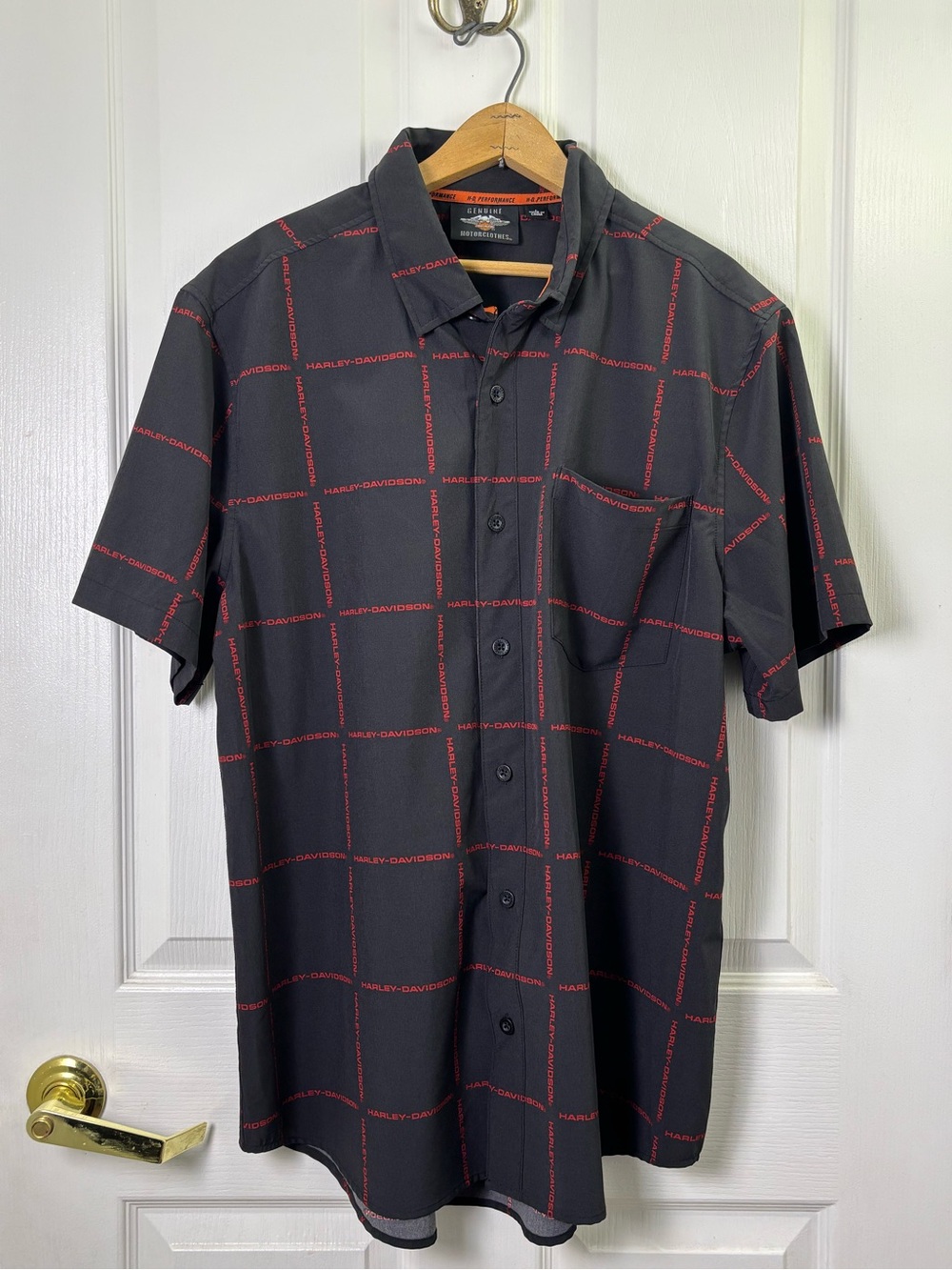 Harley-Davidson Black Short-Sleeve Button-Up Shirt with Red Grid Logo
